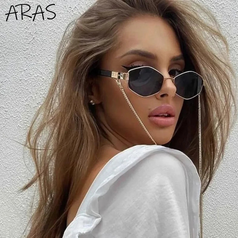 Trendy Retro Hexagon With Chain Sunglasses