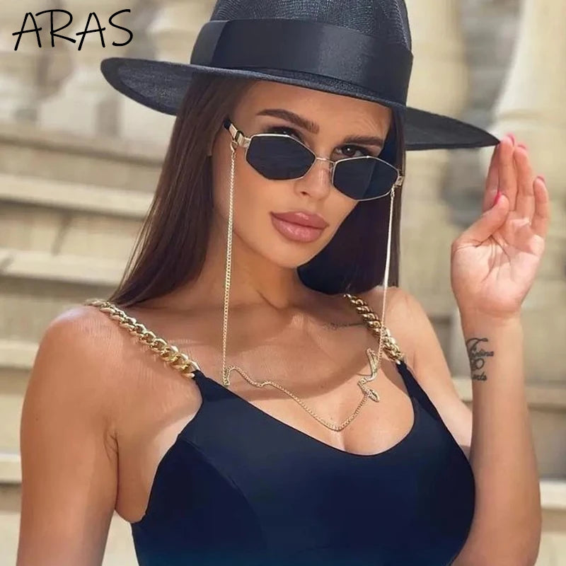 Trendy Retro Hexagon With Chain Sunglasses