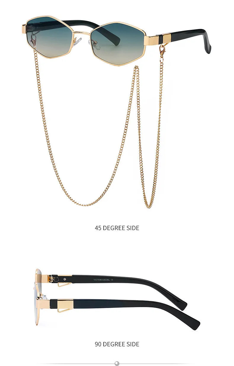 Trendy Retro Hexagon With Chain Sunglasses