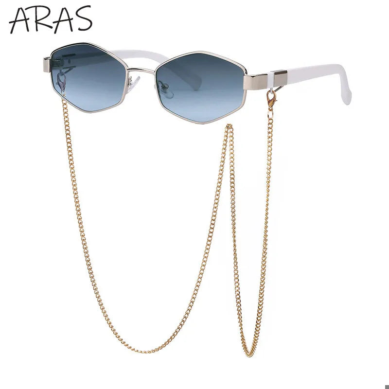 Trendy Retro Hexagon With Chain Sunglasses