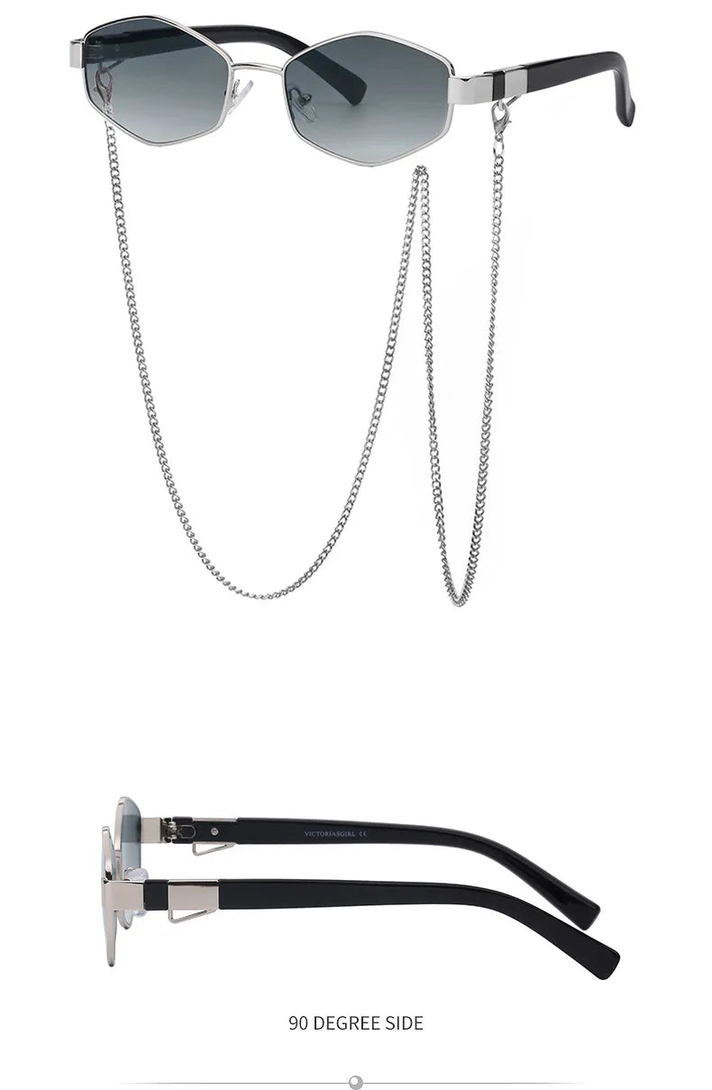 Trendy Retro Hexagon With Chain Sunglasses