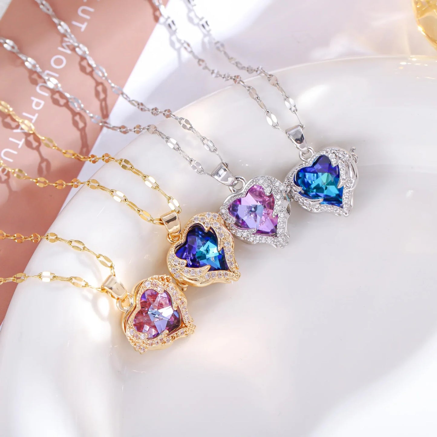Colorful Zircon Love Heart Pendant Necklaces