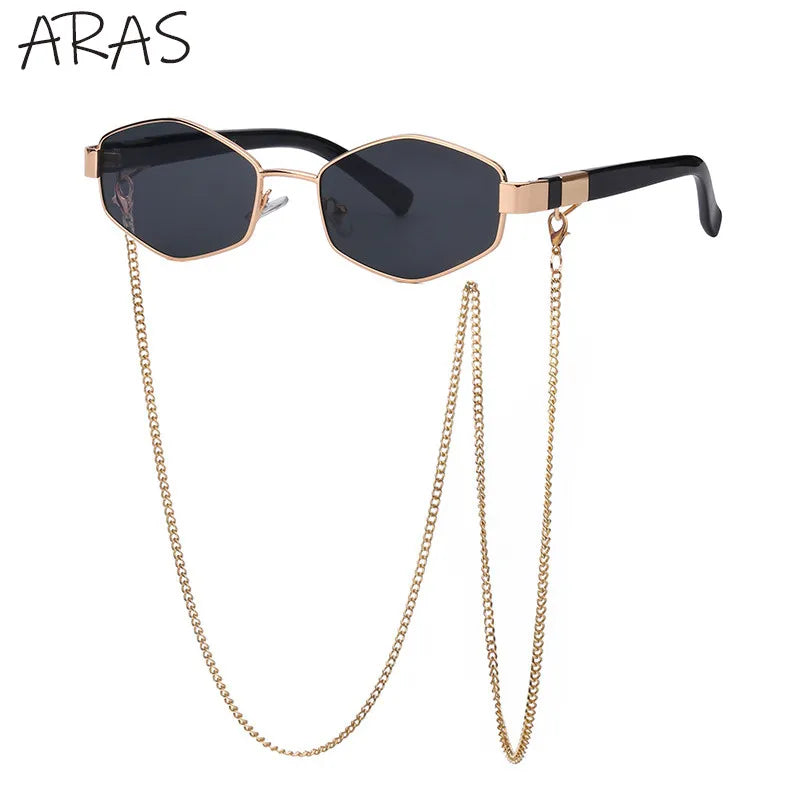 Trendy Retro Hexagon With Chain Sunglasses