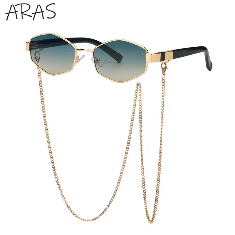 Trendy Retro Hexagon With Chain Sunglasses