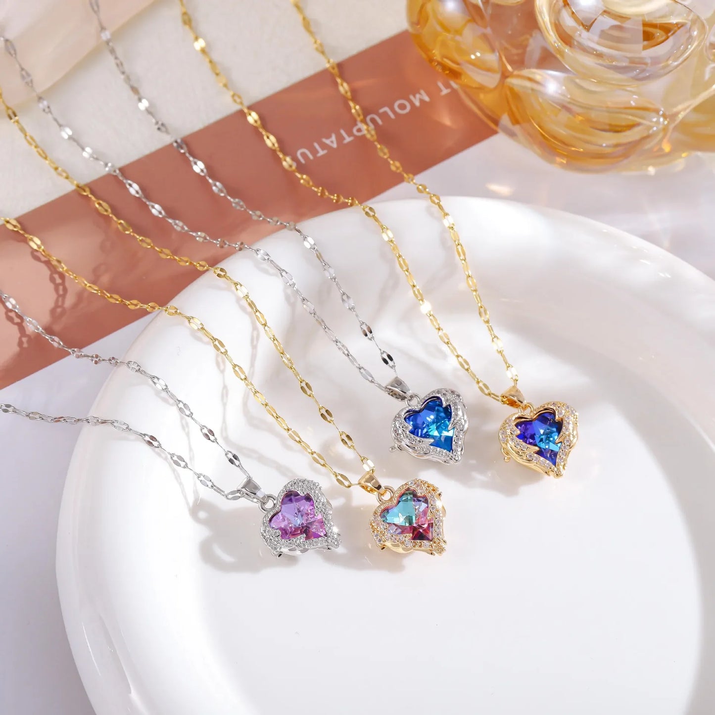 Colorful Zircon Love Heart Pendant Necklaces
