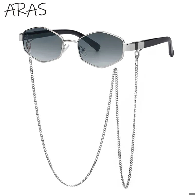 Trendy Retro Hexagon With Chain Sunglasses