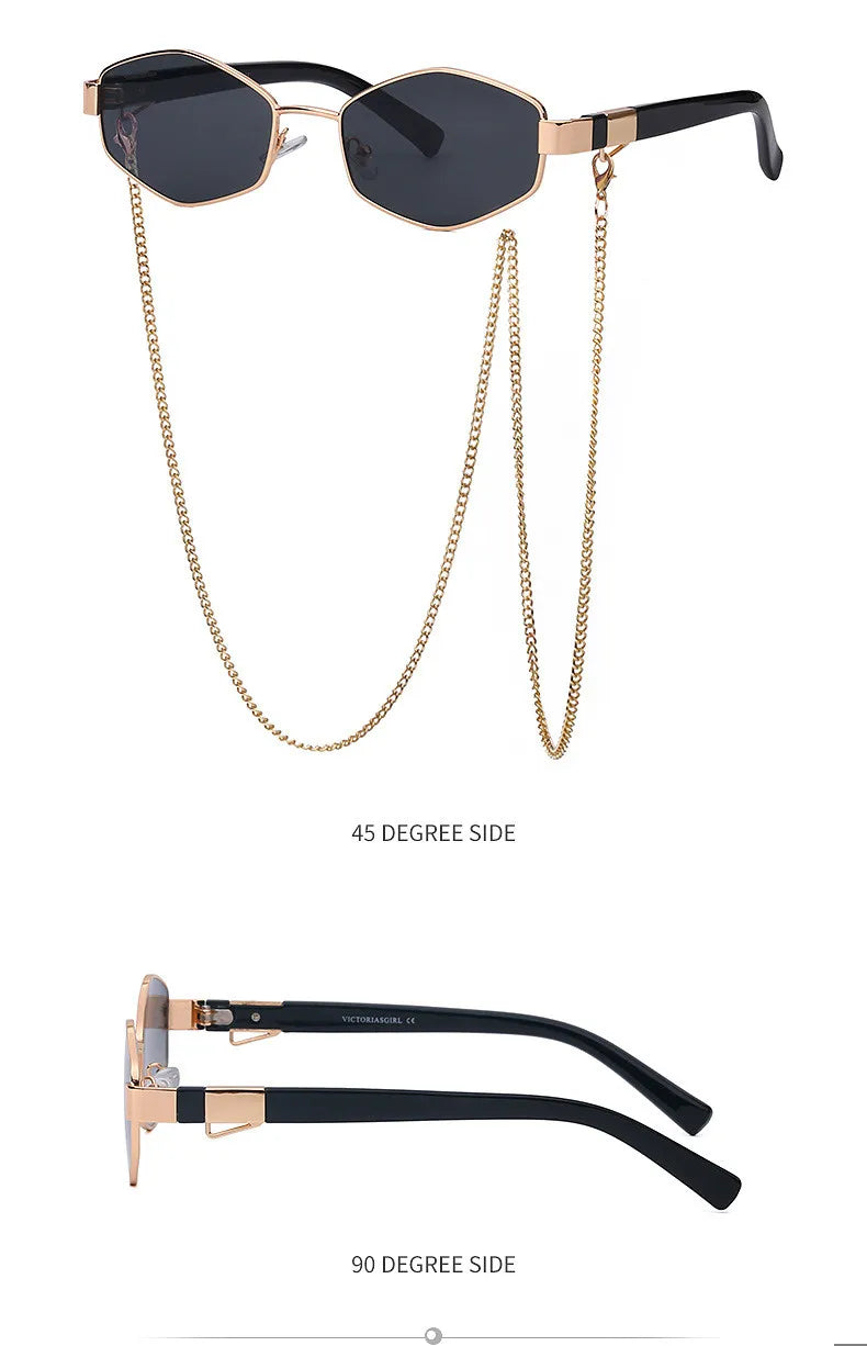 Trendy Retro Hexagon With Chain Sunglasses