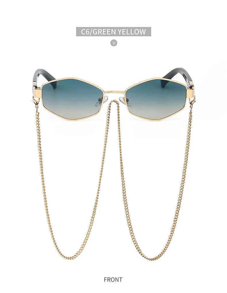 Trendy Retro Hexagon With Chain Sunglasses