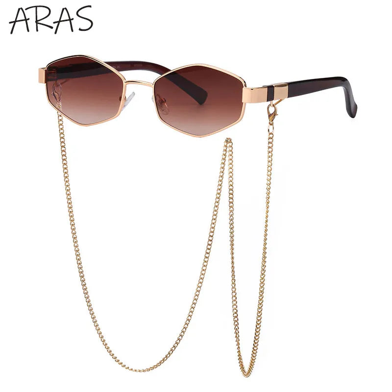 Trendy Retro Hexagon With Chain Sunglasses
