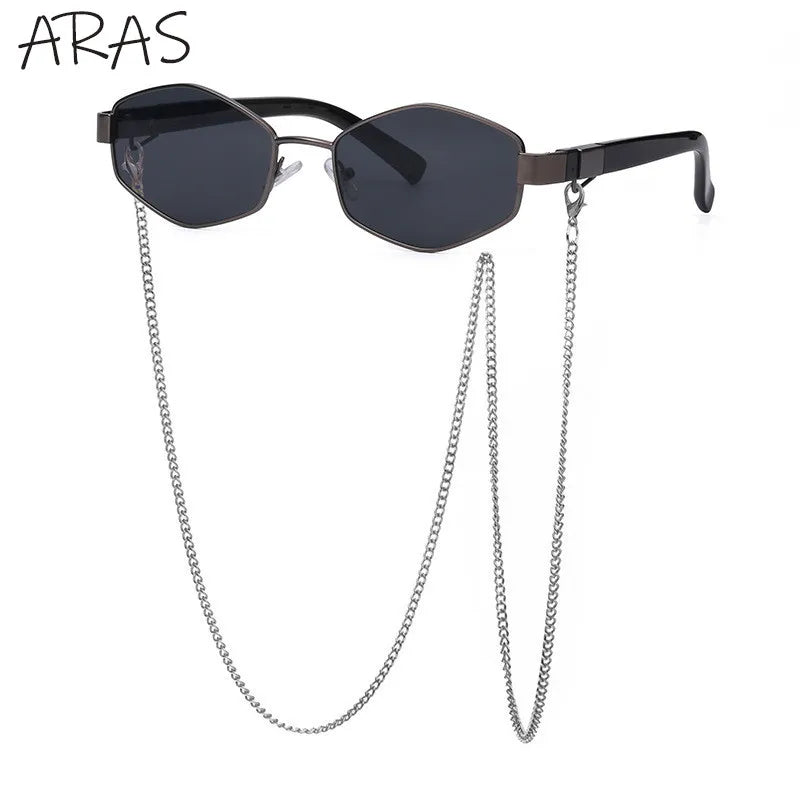 Trendy Retro Hexagon With Chain Sunglasses