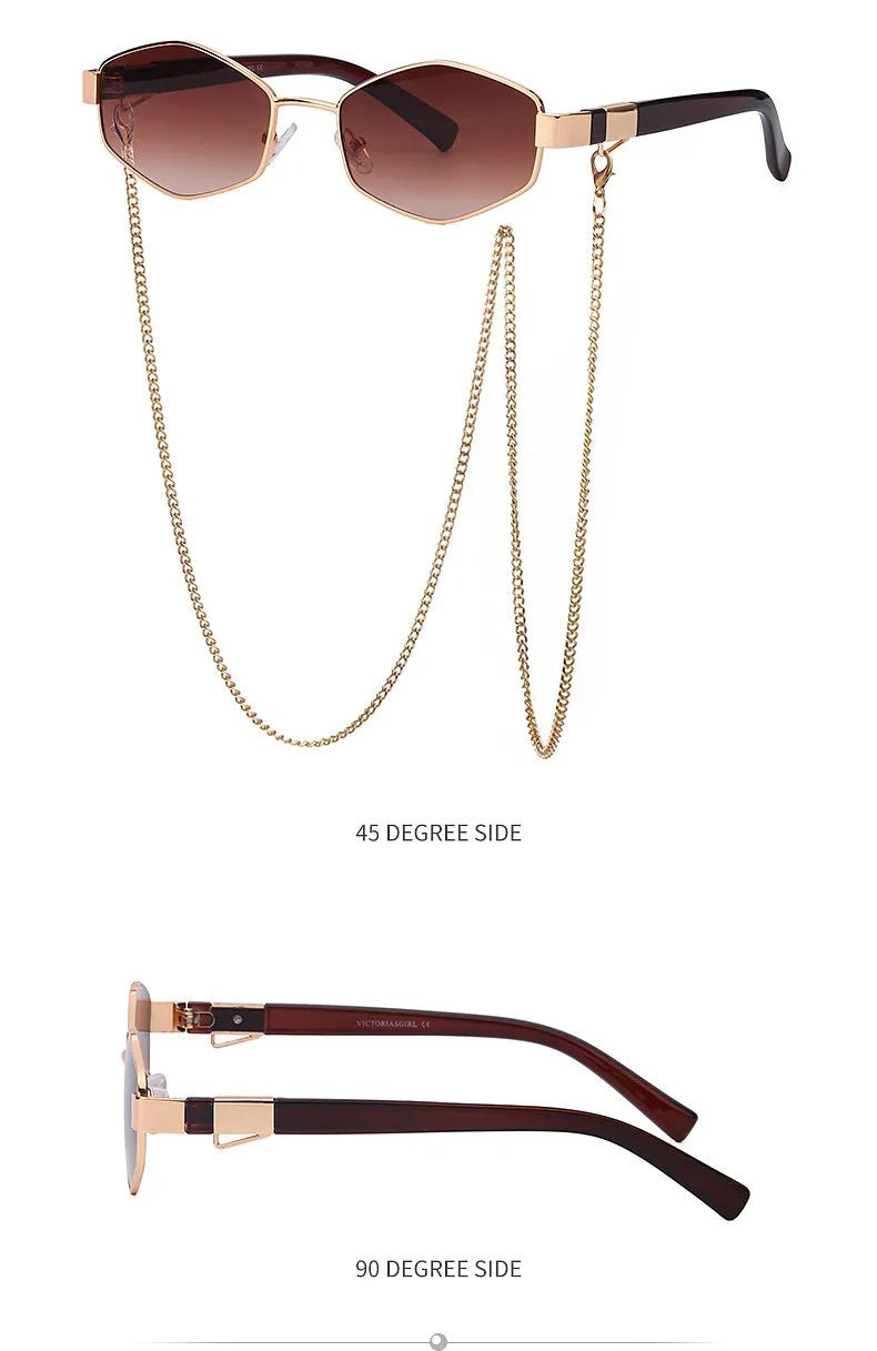 Trendy Retro Hexagon With Chain Sunglasses