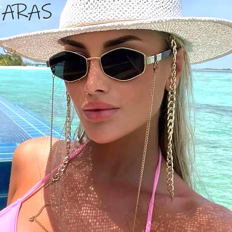 Trendy Retro Hexagon With Chain Sunglasses