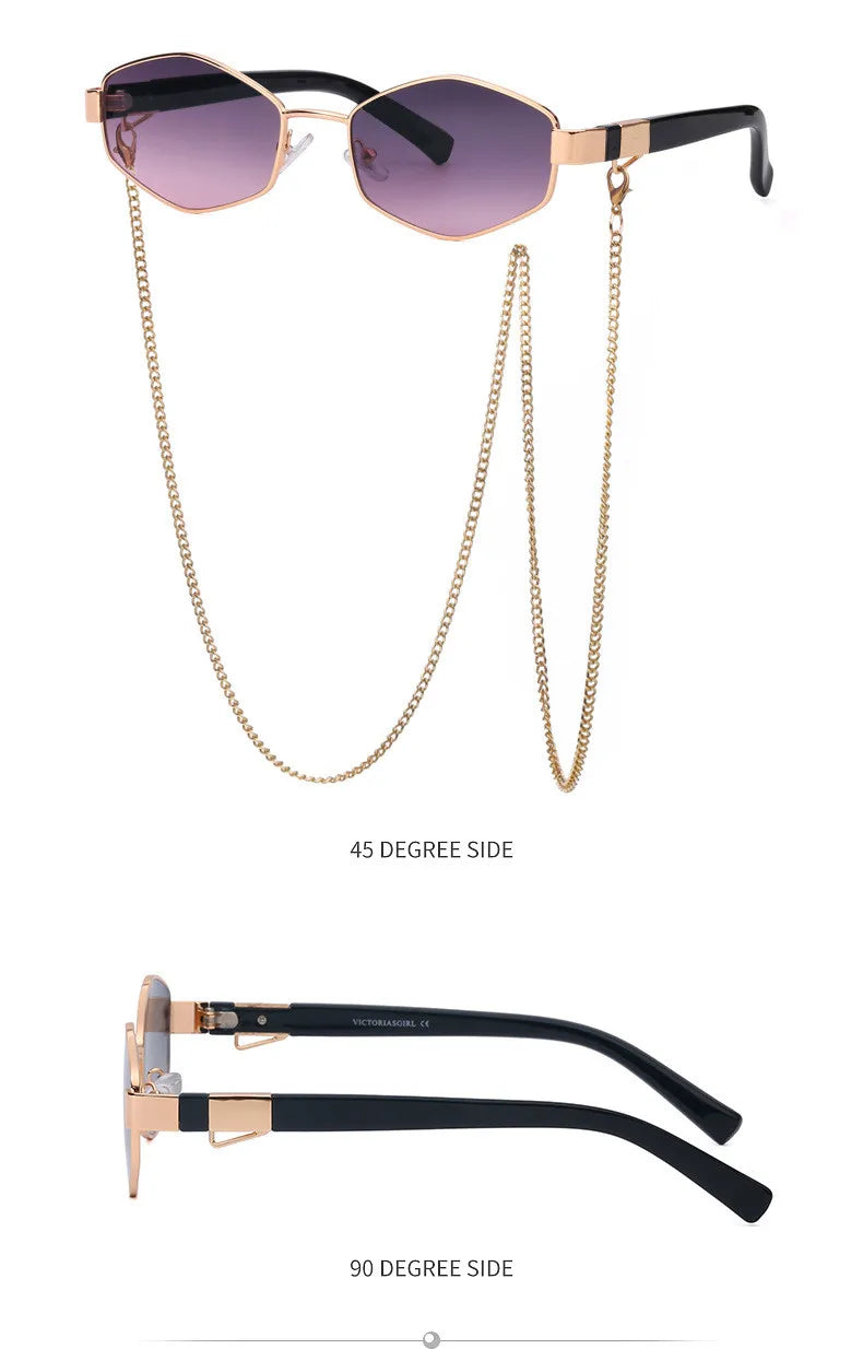 Trendy Retro Hexagon With Chain Sunglasses