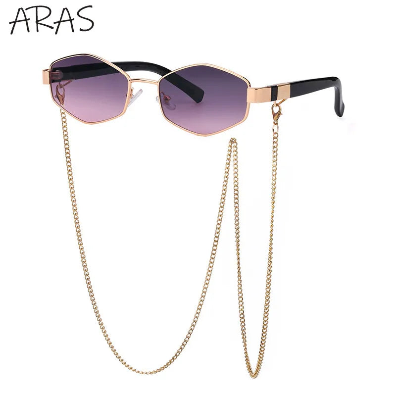 Trendy Retro Hexagon With Chain Sunglasses