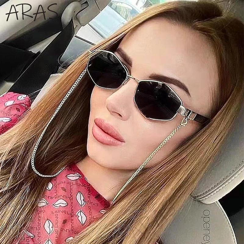 Trendy Retro Hexagon With Chain Sunglasses