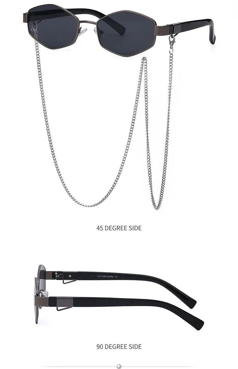 Trendy Retro Hexagon With Chain Sunglasses
