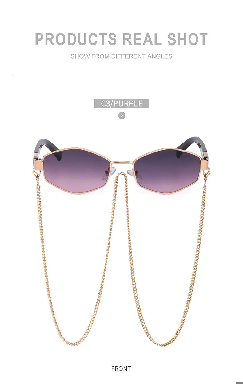 Trendy Retro Hexagon With Chain Sunglasses