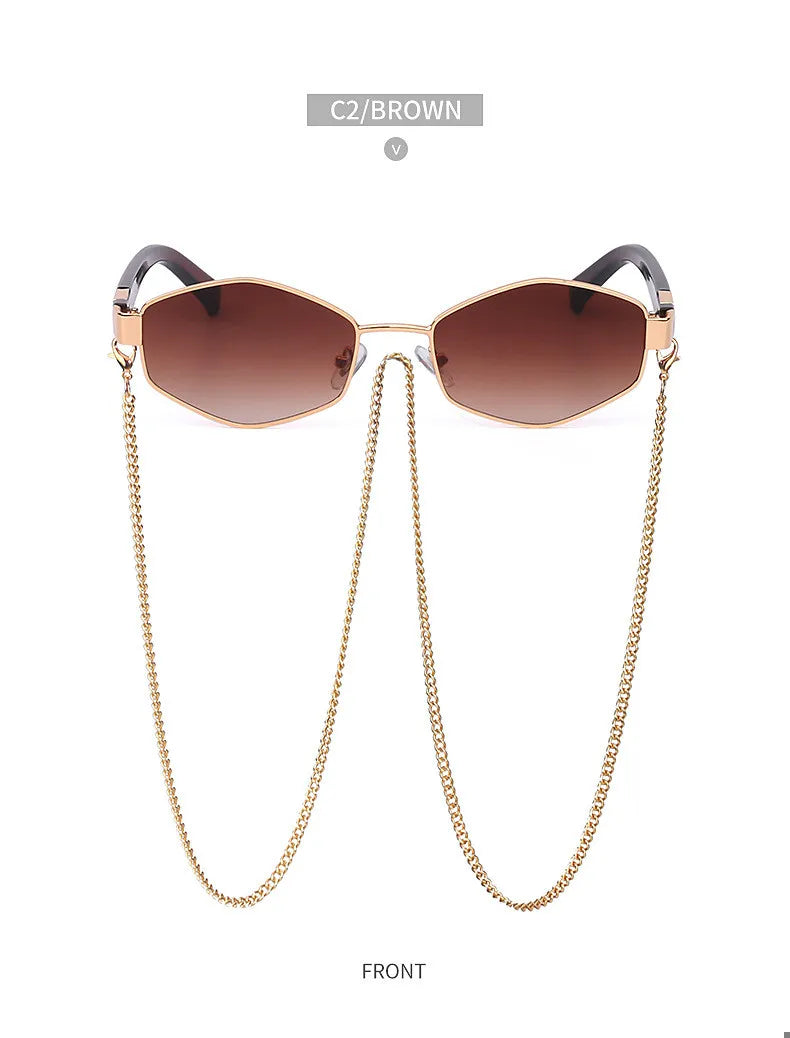 Trendy Retro Hexagon With Chain Sunglasses