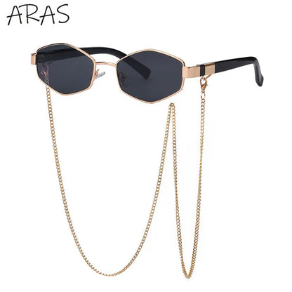 Trendy Retro Hexagon With Chain Sunglasses