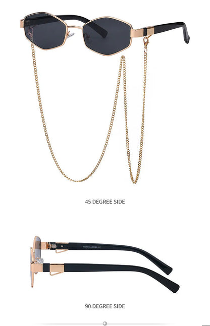 Trendy Retro Hexagon With Chain Sunglasses