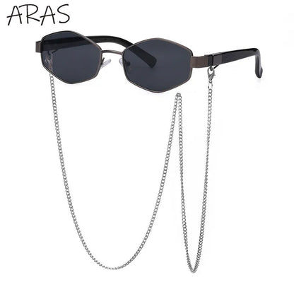 Trendy Retro Hexagon With Chain Sunglasses