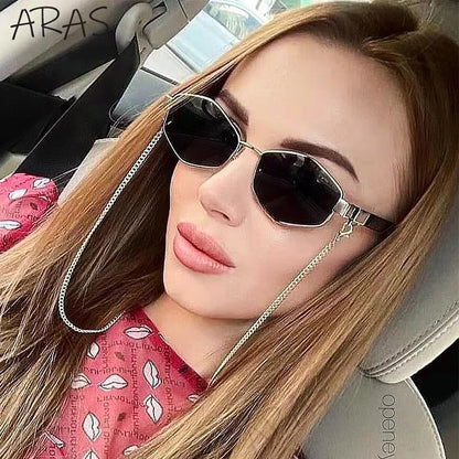 Trendy Retro Hexagon With Chain Sunglasses