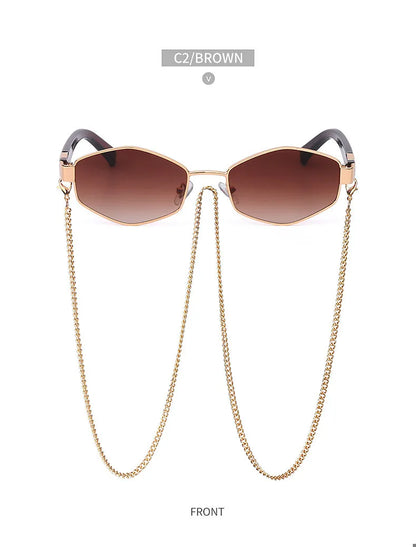 Trendy Retro Hexagon With Chain Sunglasses